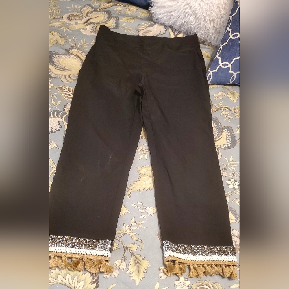 Chico's Black Crop Pants with Embellished Tassel Hem